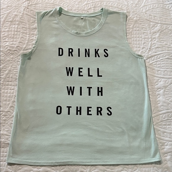 Tops - Graphic Tank Top "DRINKS WELL WITH OTHERS" - Light Aqua SZ:L